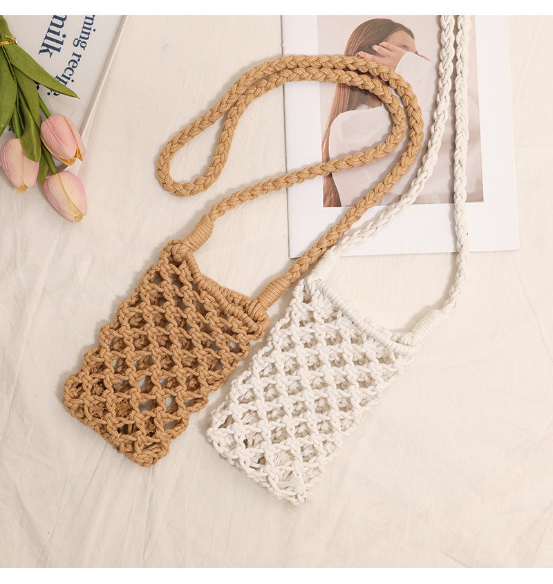 Fresh Crossbody Cotton Thread Woven Bag Cute Solid Color Hollow Out Cutout Phone Straw Bag Seaside Vacation Beach Bag