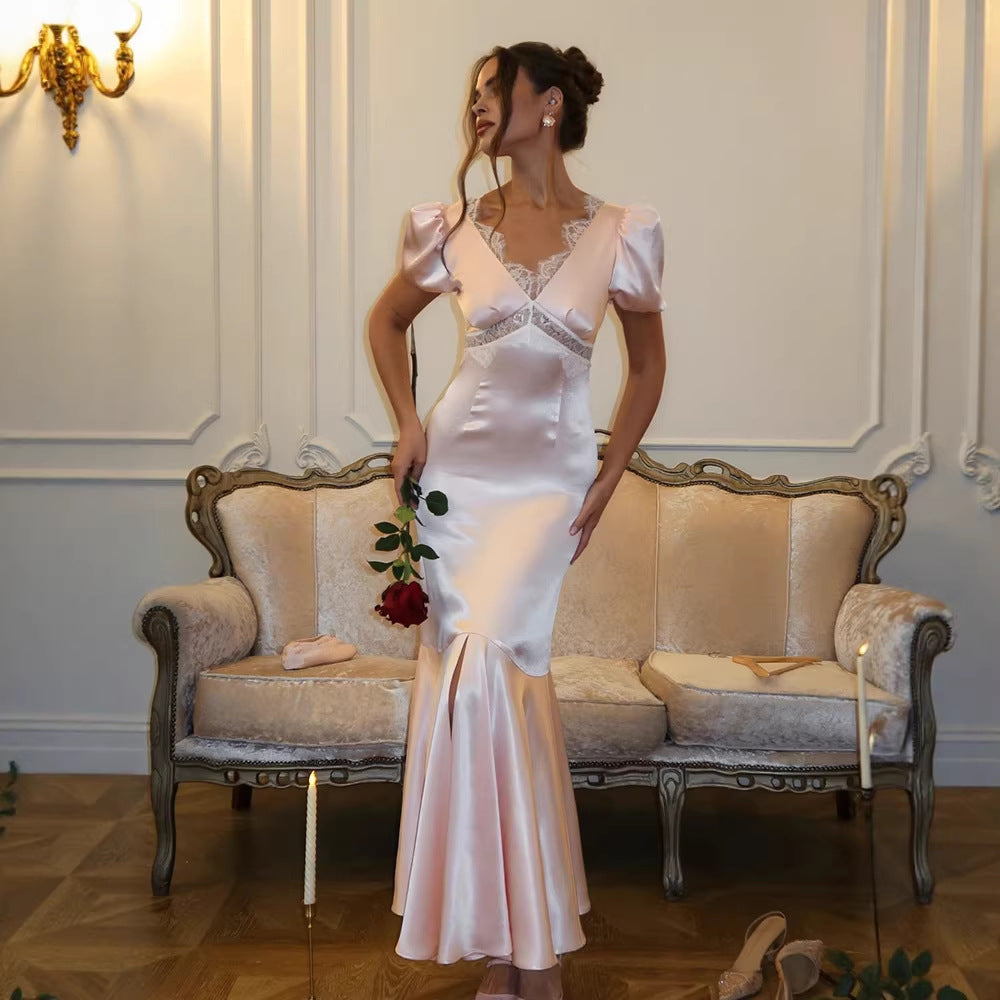 French Royal Slim Fit Figure Flattering Elegant V neck Lace Stitching Hip Fishtail Socialite Advanced Satin Dress