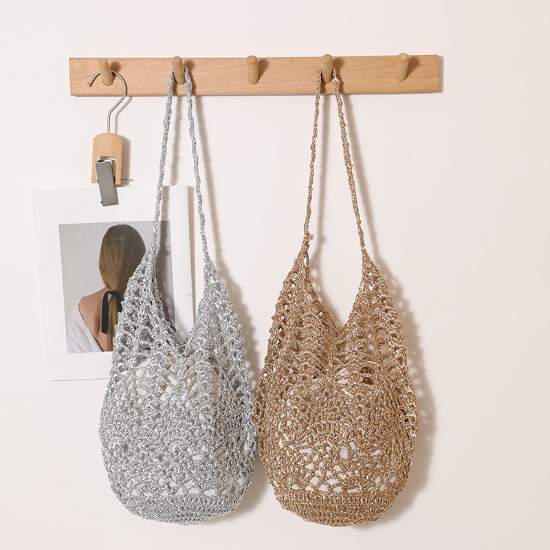 Metallic Yarn Single Shoulder Straw Bag Large Capacity Hollow Out Cutout Pattern Woven Bag Seaside Vacation Beach Bag
