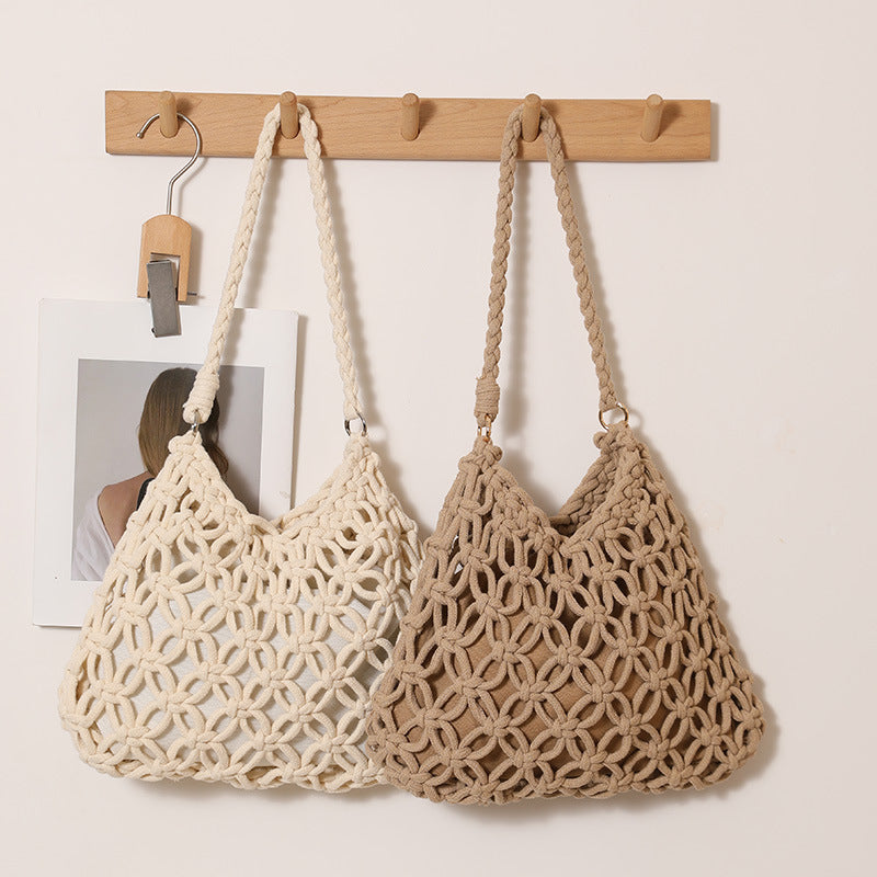 Casual One Shoulder Hollow Out Cutout Cotton Thread Woven Bag Solid Color Portable Straw Weaved Bag Women Seaside Vacation Beach Bag