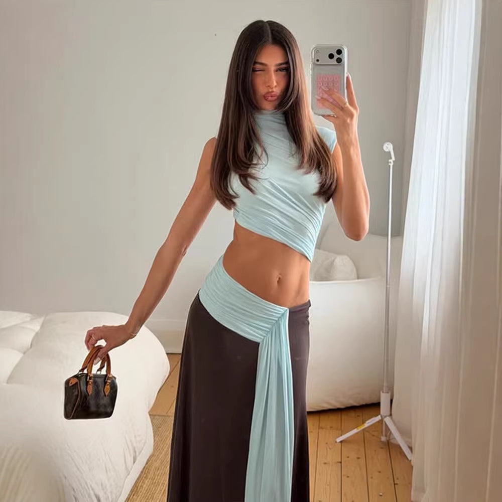 Women Clothing Summer Elegance Sleeveless Cropped Top Low Waist Skirt Contrast Color Two Piece Set for Women