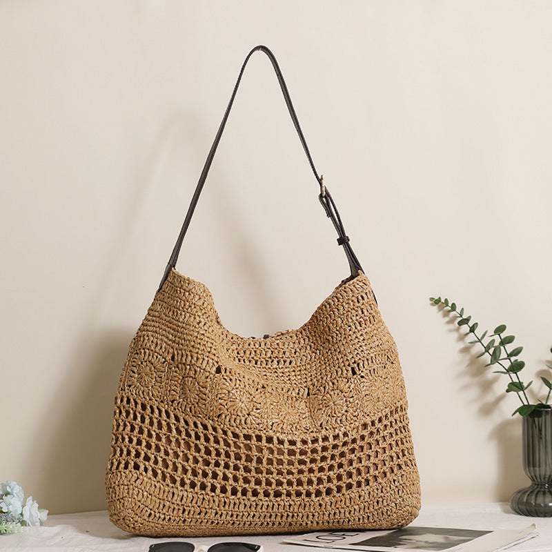 Elegant One Shoulder Large Capacity Tote Straw Bag Hollowed out Floral Woven Bag Seaside Vacation Beach Bag