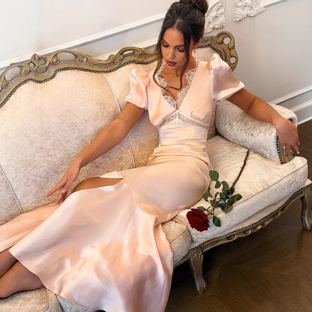 French Royal Slim Fit Figure Flattering Elegant V neck Lace Stitching Hip Fishtail Socialite Advanced Satin Dress