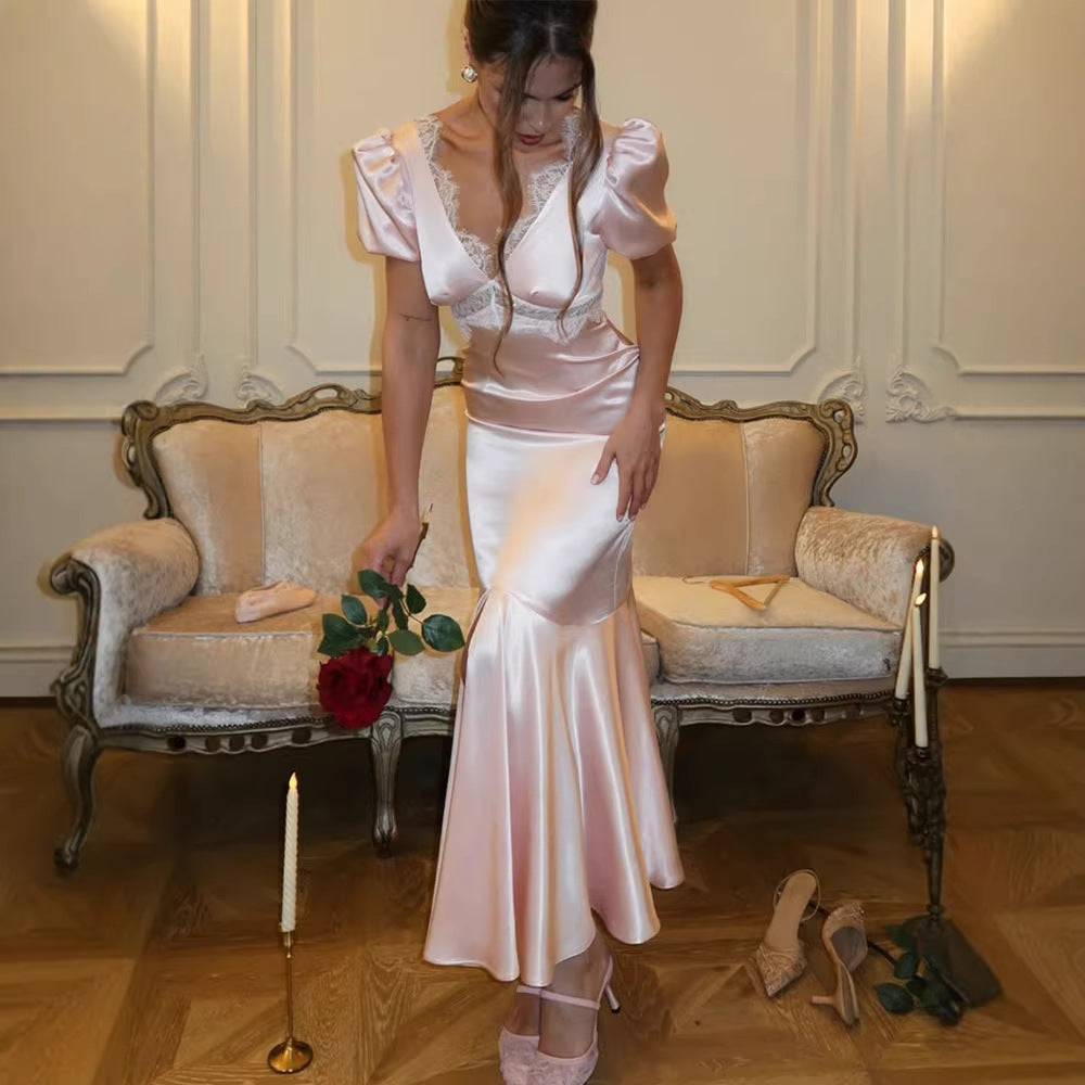 French Royal Slim Fit Figure Flattering Elegant V neck Lace Stitching Hip Fishtail Socialite Advanced Satin Dress