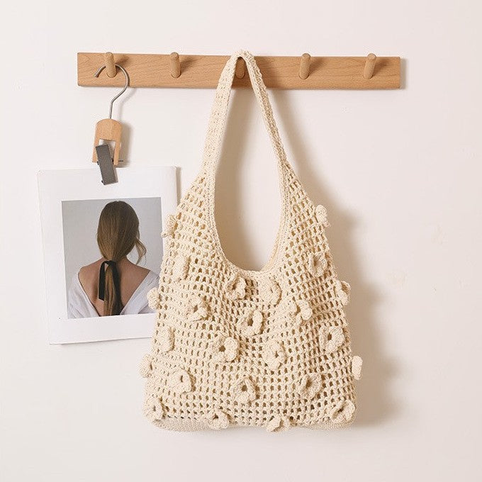 Floral One Shoulder Cotton Thread Woven Bag Casual Large Capacity Hollow Out Cutout out Straw Bag Seaside Vacation Beach Bag