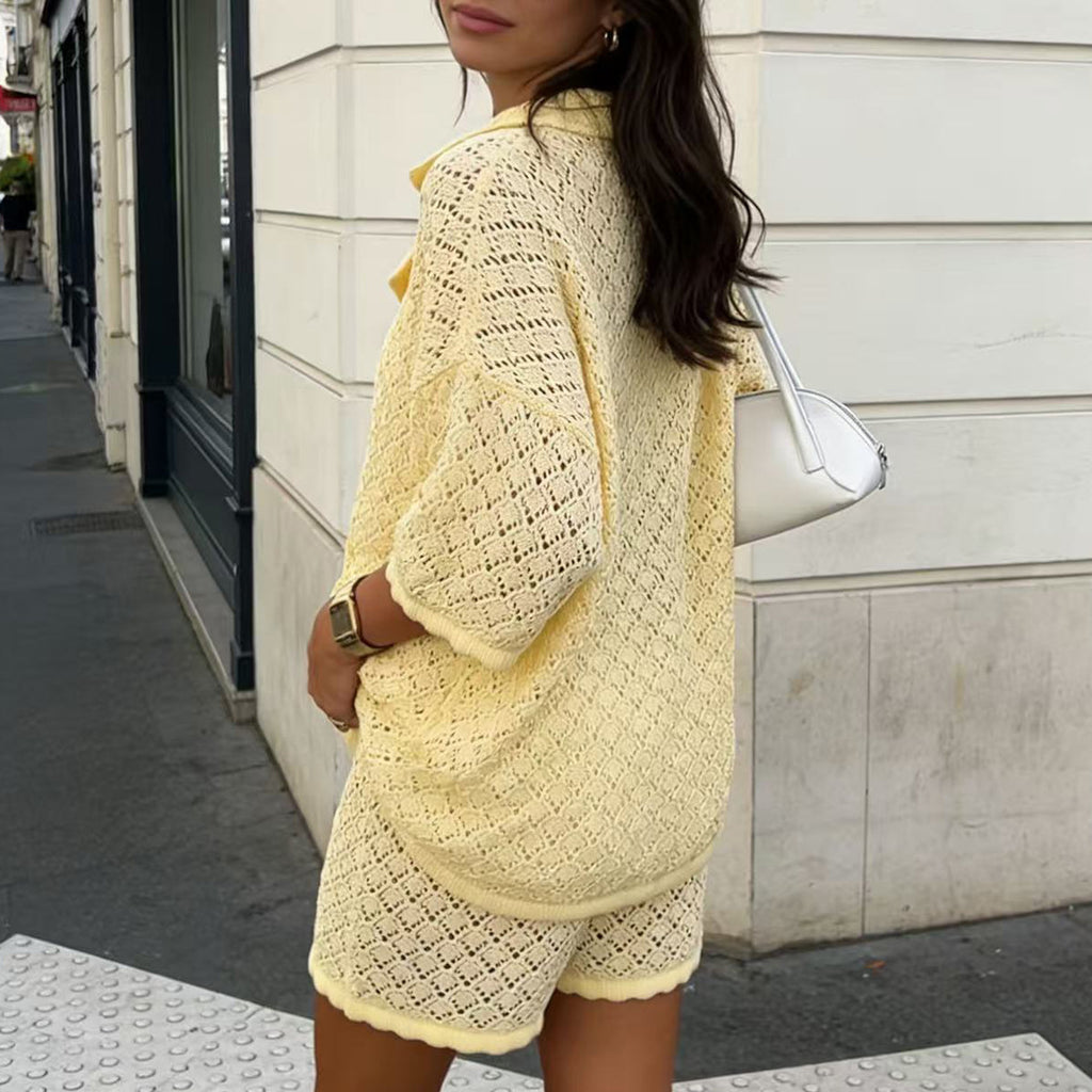 Beach Loose Half Sleeve Suit Casual Vacation Sun Protection Hollow Out Cutout Shorts Beach Cover Up