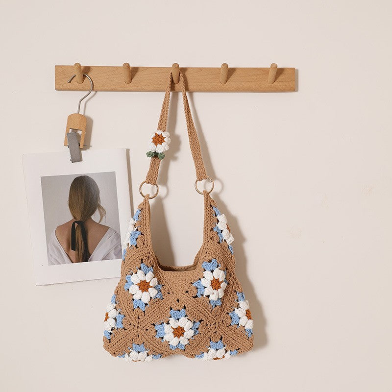 Retro Grandma Plaid One-Shoulder Cotton Thread Woven Bag Large Capacity Floral Straw Bag Vacation Beach Bag