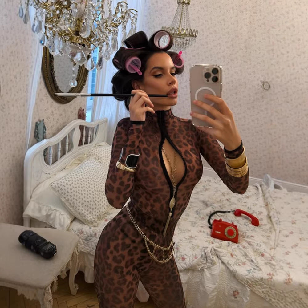Product Sexy Stand up Collar Design Breasted Leopard Print Tight Jumpsuit Flattering Top
