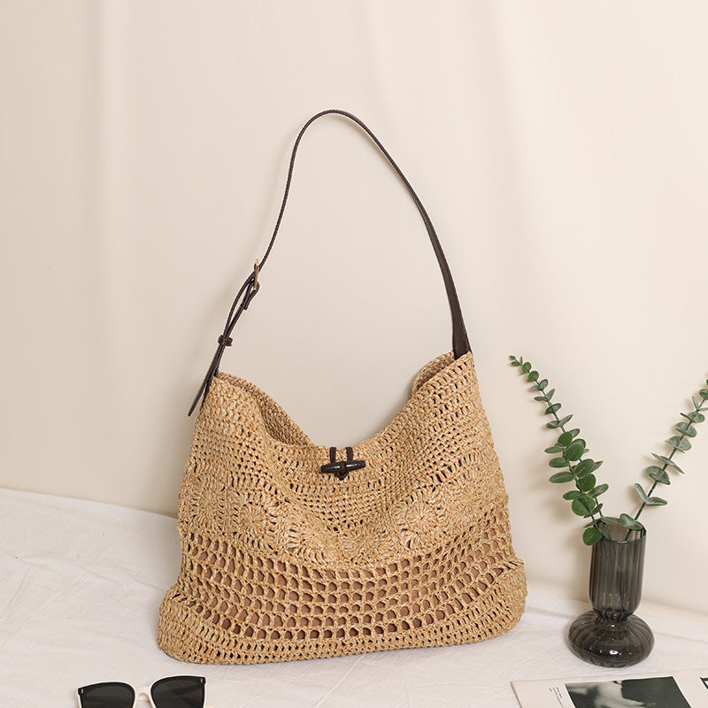 Elegant One Shoulder Large Capacity Tote Straw Bag Hollowed out Floral Woven Bag Seaside Vacation Beach Bag