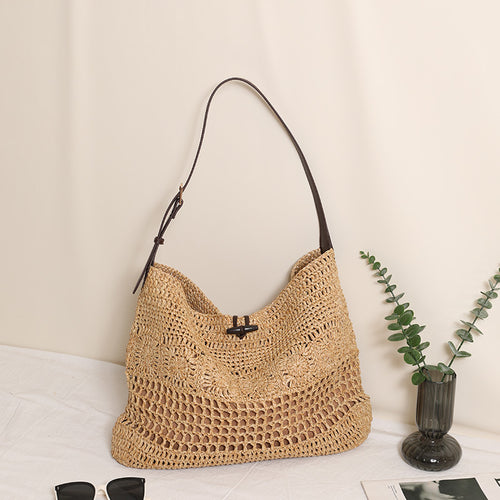 Elegant One Shoulder Large Capacity Tote Straw Bag Hollowed out Floral Woven Bag Seaside Vacation Beach Bag