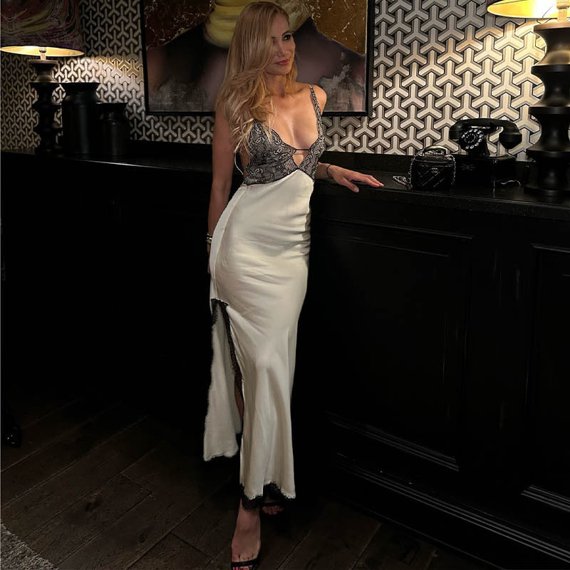 Sexy Women Clothing Lace V neck Patchwork Sling Sexy Bare Back High Slit Sheath Dress Long