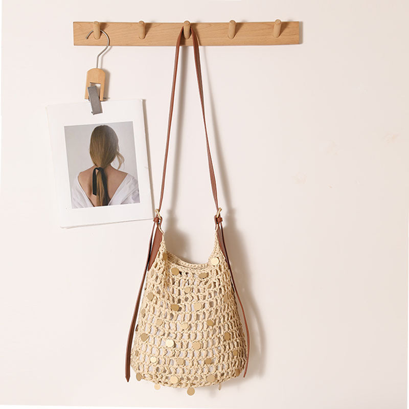 Fashionable Sequ One Shoulder Straw Bag Internet Celebrity Same Hollow Out Cutout out Woven Bag Women Seaside Vacation Beach Bag