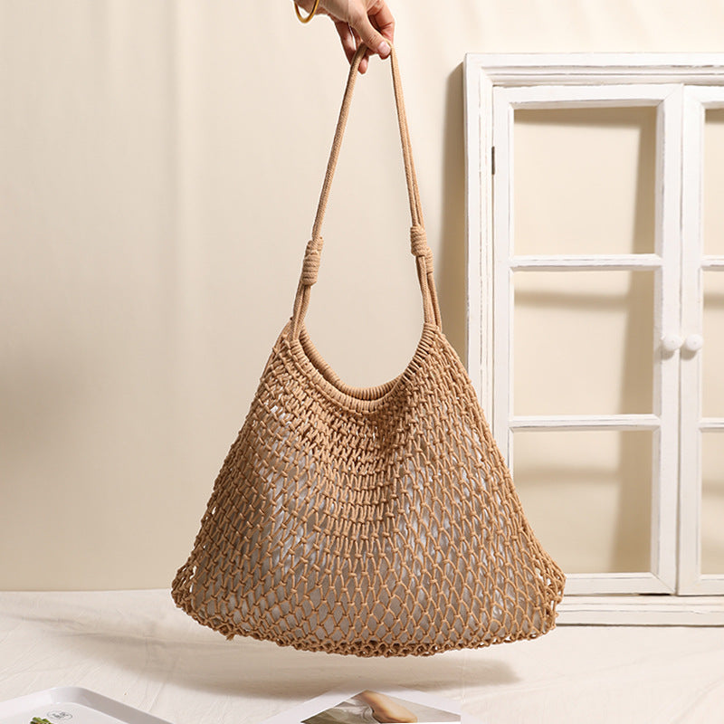 Fan Shaped Large Cotton Thread Woven Bag Large Capacity Hollow Out Cutout Shoulder Straw Bag Seaside Vacation Beach Bag