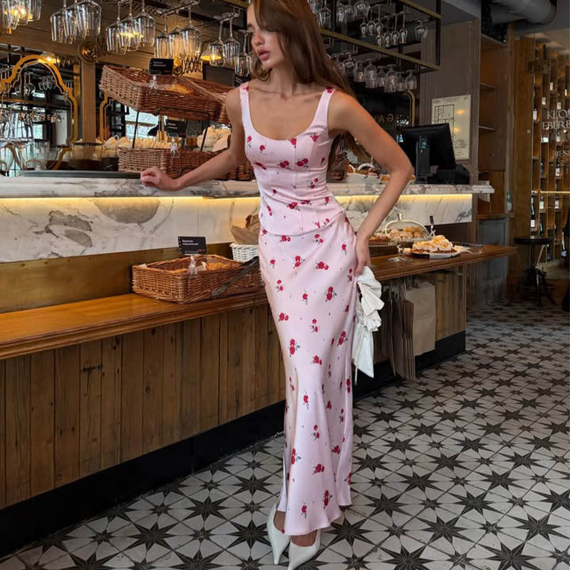 Fresh Sweet Slim Sleeveless U Neck Skirt Pink Printing Two Piece Sets Women