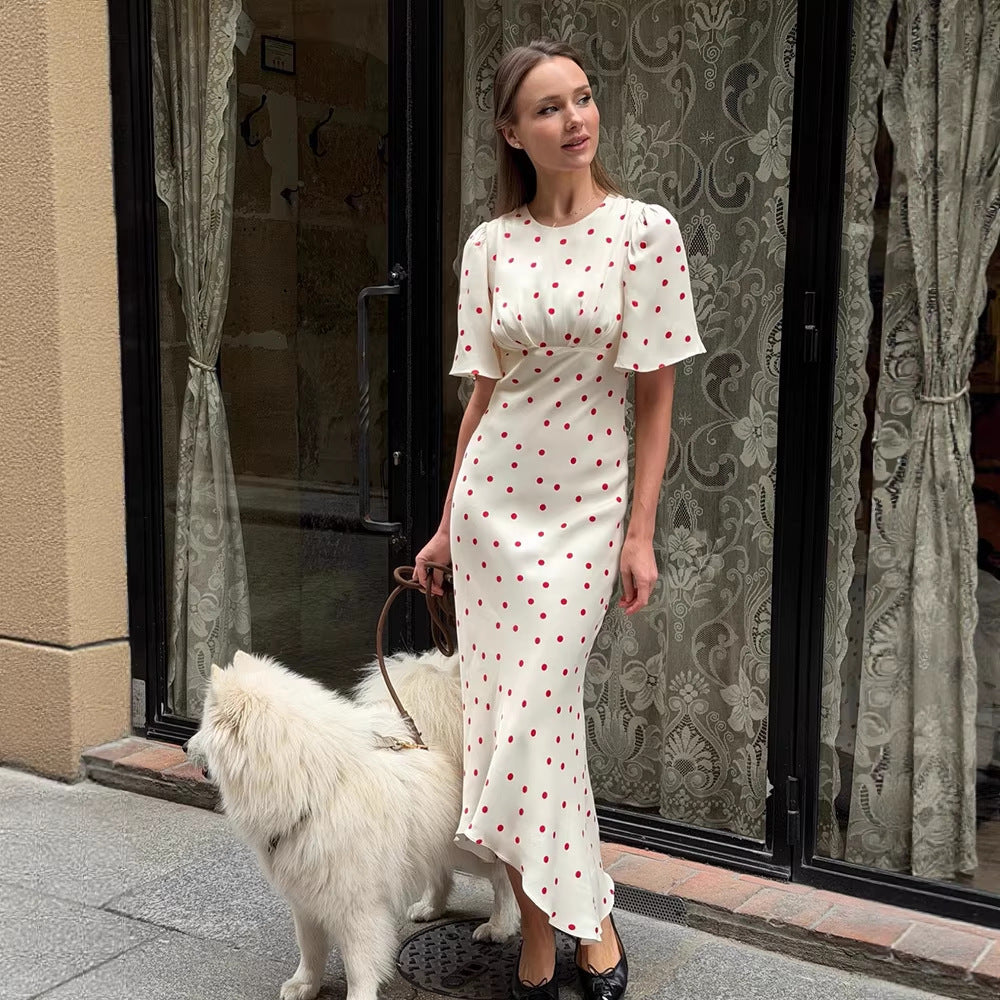 Summer Women Clothing French Elegant Slim Fit Polka Dot Waist Slimming Lady Maxi Dress