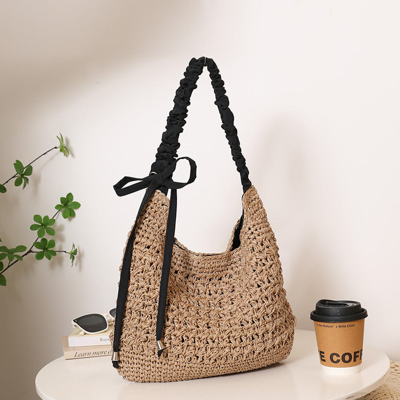 Large Capacity Shoulder Straw Bag Hollow Out Cutout Bow Straw Bag Woven Bag Women Seaside Vacation Beach Bag