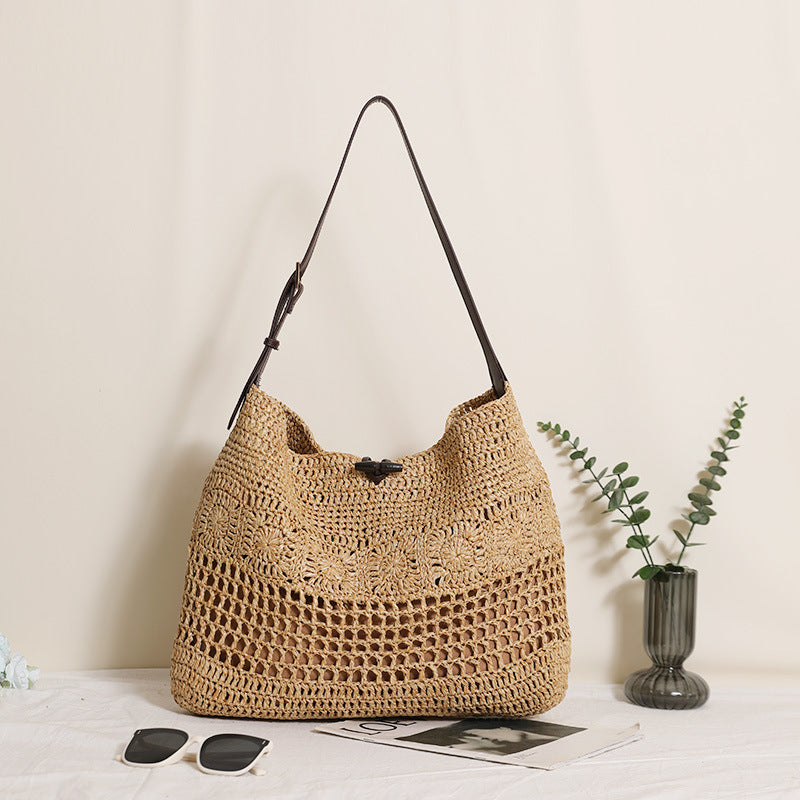 Elegant One Shoulder Large Capacity Tote Straw Bag Hollowed out Floral Woven Bag Seaside Vacation Beach Bag