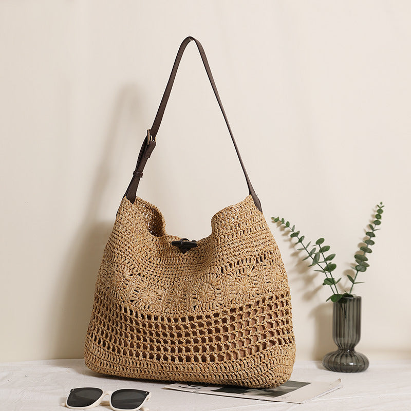 Elegant One Shoulder Large Capacity Tote Straw Bag Hollowed out Floral Woven Bag Seaside Vacation Beach Bag