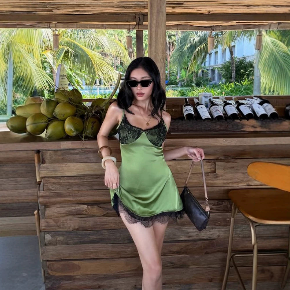 Women Clothing Sexy Lace Stitching Sexy Strap Satin A line Dress Green Sexy Slimming Dress