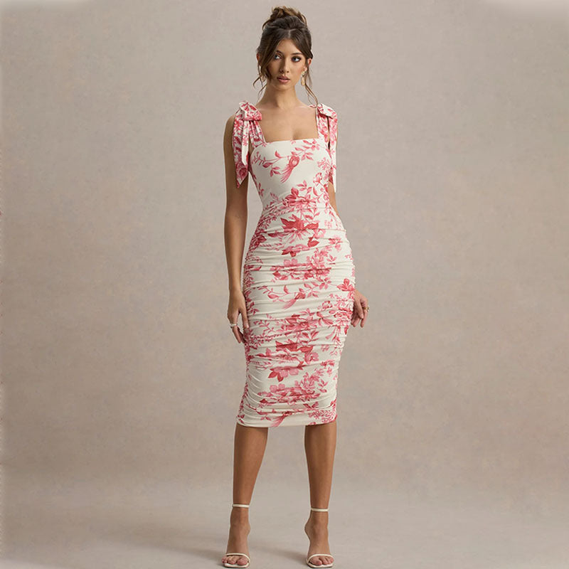 Spring Fresh Sweet Floral Printed Slim Fit Slimming Gentle Strap Lace up Sheath Dress