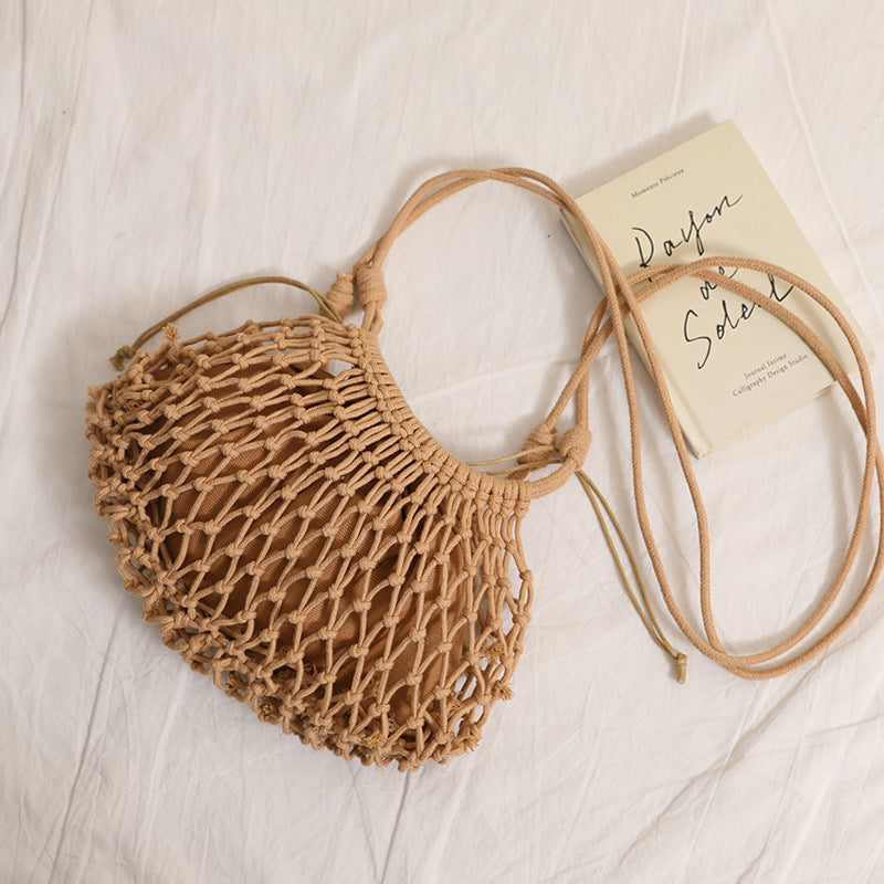 Solid Color Cotton Thread Crossbody Woven Bag All Matching Hollow Out Cutout Mesh Straw Bag Women Seaside Vacation Beach Bag