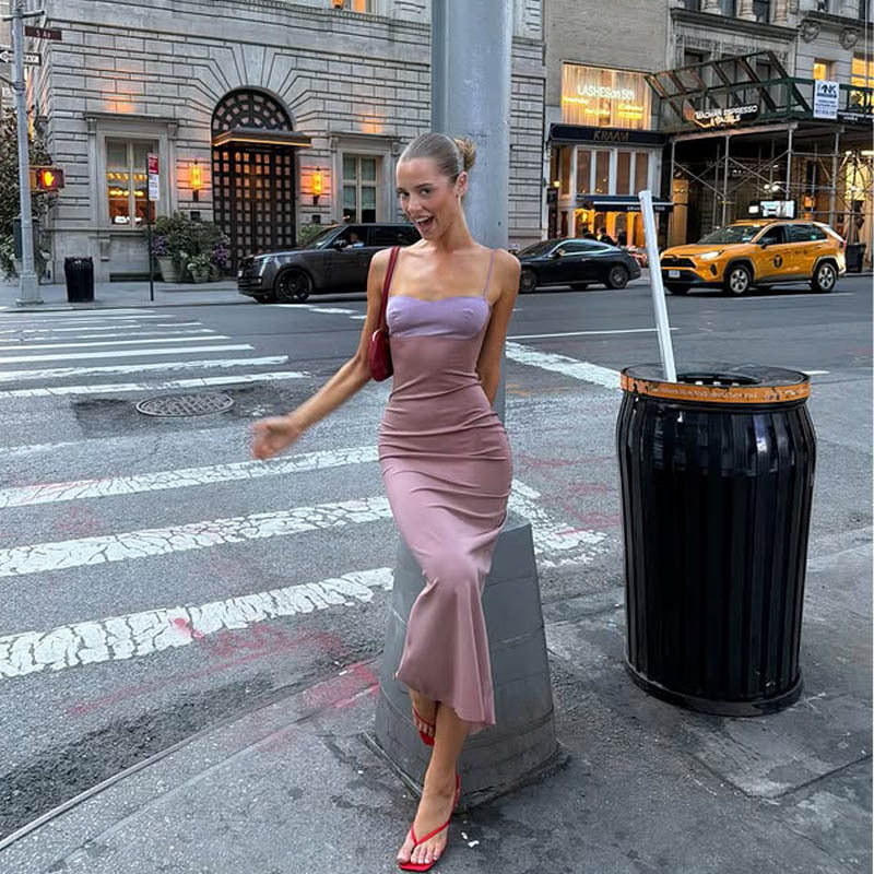 Women Clothing Mom Taro Purple Gentle Sexy Slim Bandeau Sling Dress Maxi Dress