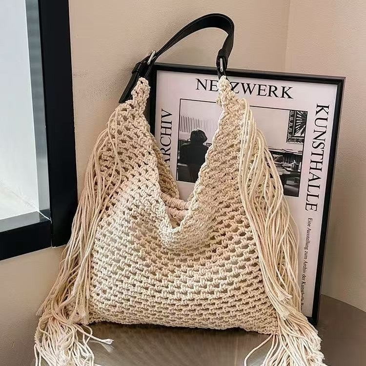 Long Fringe Single Shoulder Cotton Thread Woven Bag Women Big Triangle Hollow Out Cutout Straw Bag Seaside Vacation Beach Bag