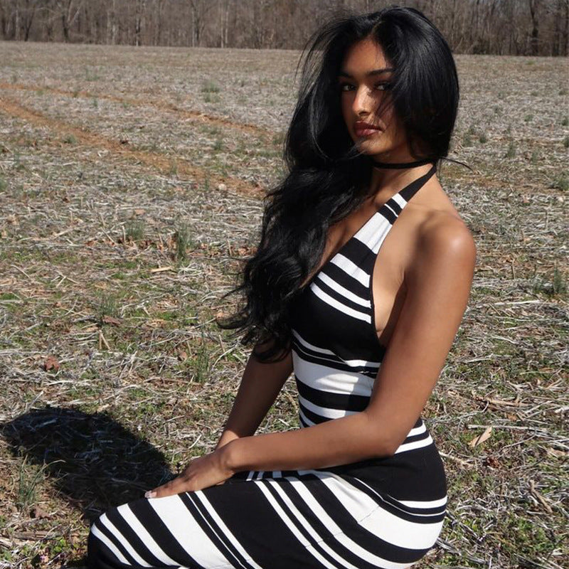 Sexy Women Clothing V Neck Halter Elegant Backless Dress Striped Contrast Color Fit Simple Sexy Dress