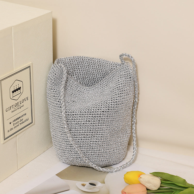 Crossbody Bright Line Straw Bag Solid Color Bucket Bag Woven Bag Seaside Vacation Beach Bag